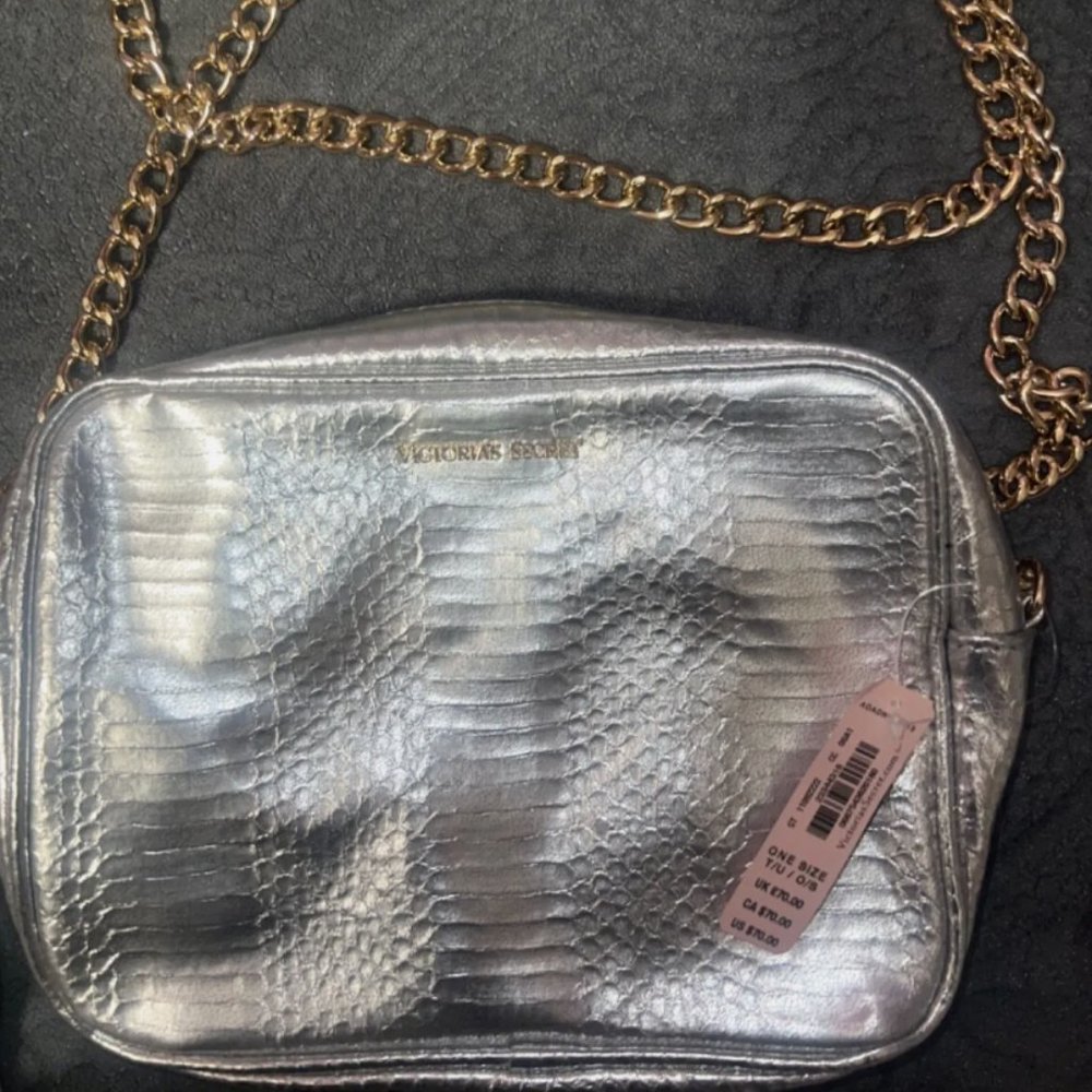 New Victoria Secret silver snakeskin print crossbody bag with gold chain